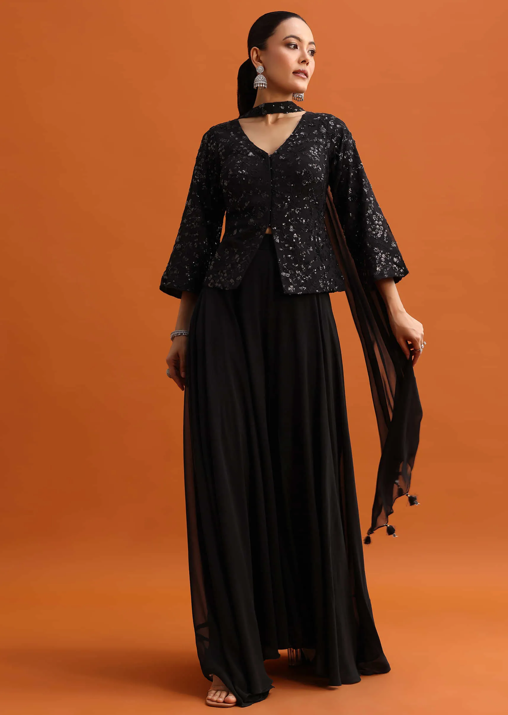 Black Sequins Palazzo Set With Dupatta