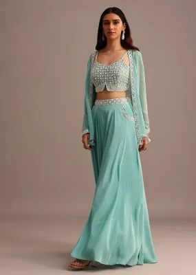 Blue Embellished Croptop Palazzo Set With Organza Jacket