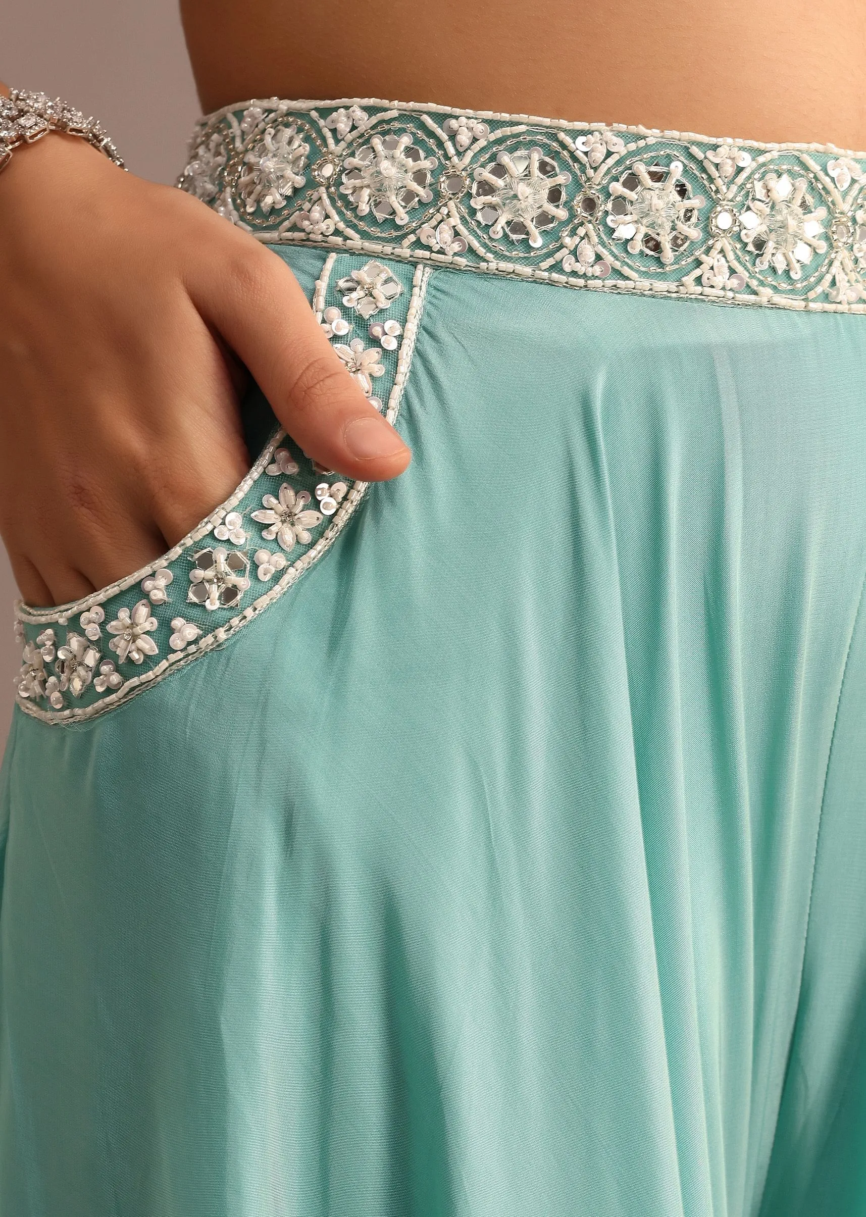 Blue Embellished Croptop Palazzo Set With Organza Jacket