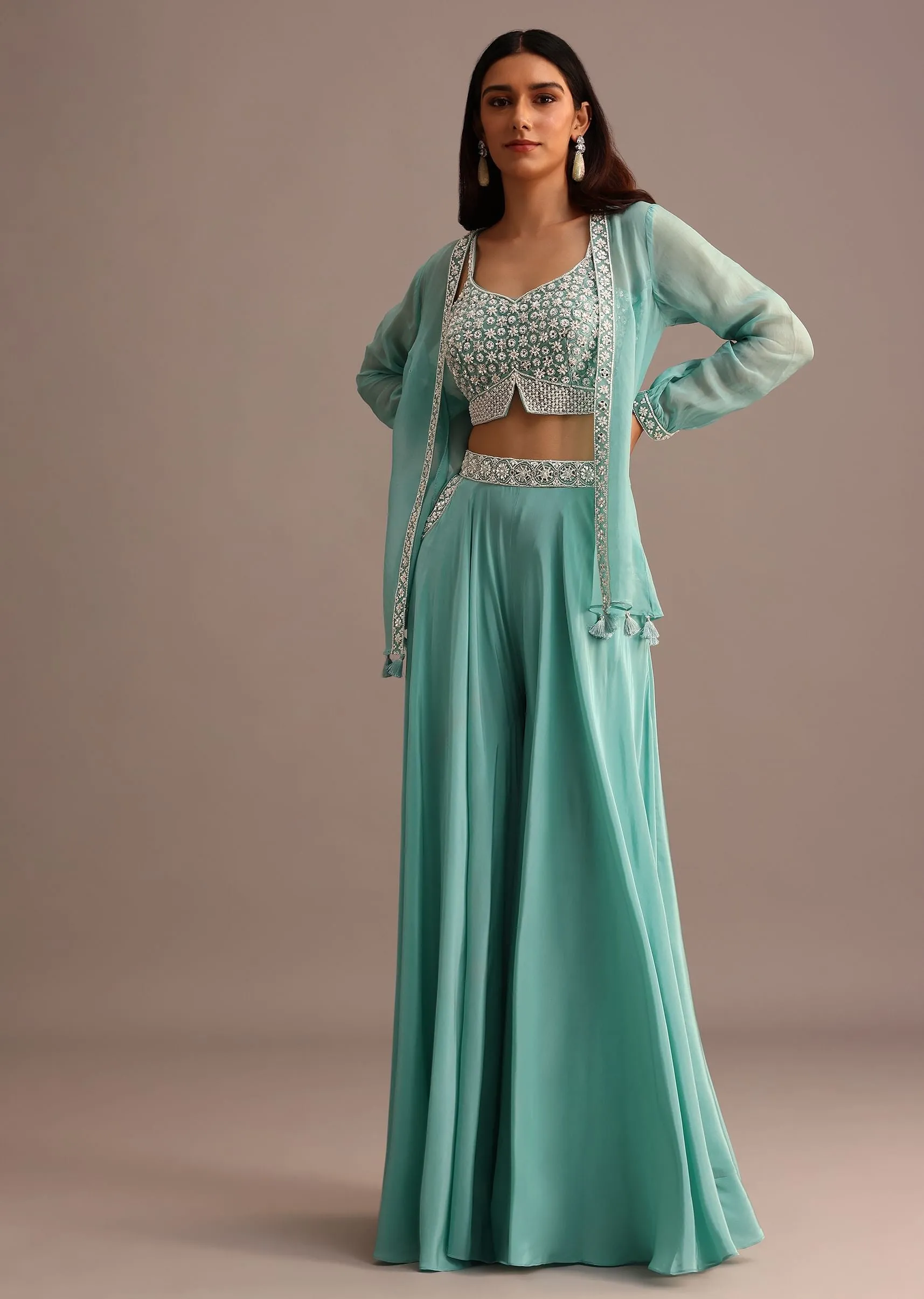 Blue Embellished Croptop Palazzo Set With Organza Jacket