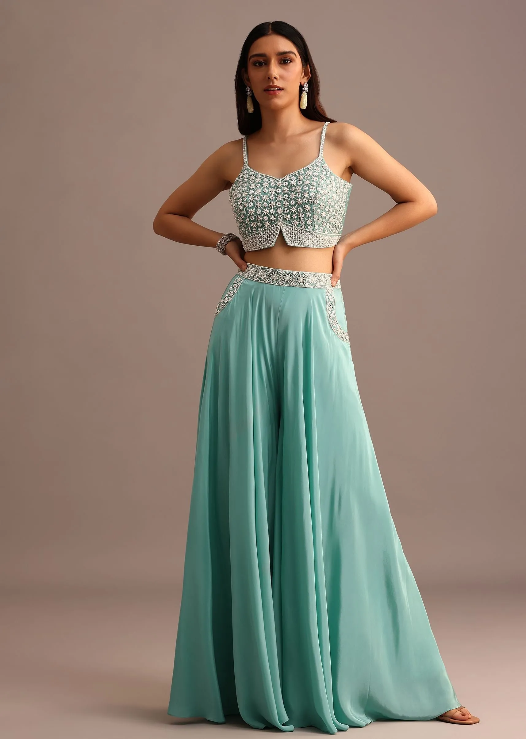 Blue Embellished Croptop Palazzo Set With Organza Jacket