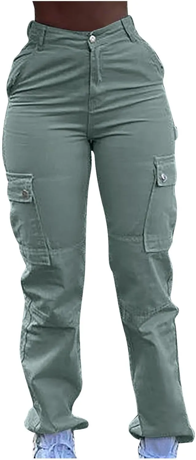 Cargo Pants for Women Funny High Waist Y2k Trousers Trendy Straight Leg Pants with Pockets Slim Fit Solid Sweatpants