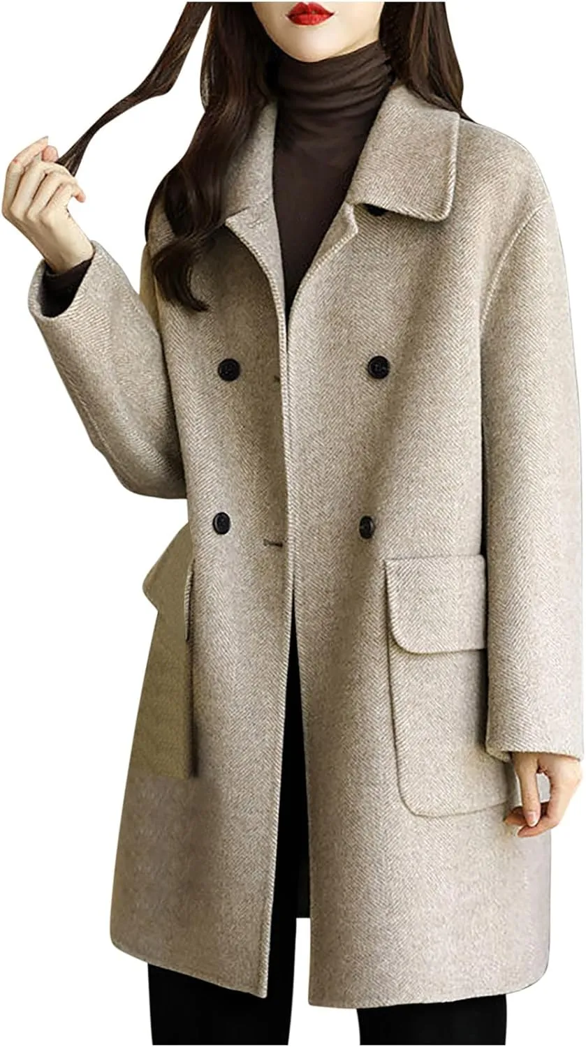 Coats for Women Trendy Double Breasted Wool Blend Overcoat Fall Winter Mid-Long Blazers Notched Lapel Trench Coats