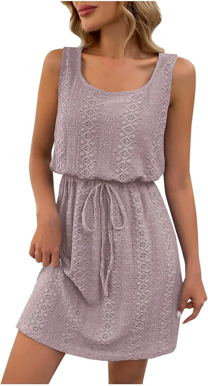 Dresses for Women 2025 Beach Solid Drawstring Waist Hollow Out Sleeveless Dress Eyelet Sleeveless Square Neck Dress