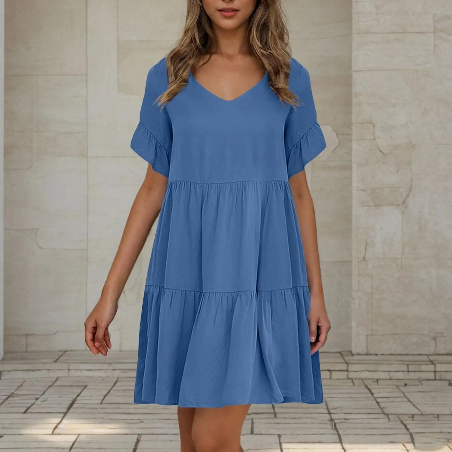 Dresses for Women Loose Fitted V Neck Short Ruffle Sleeve A Line Tiered Sundress Flowy Casual Trendy Mini Beach Dress