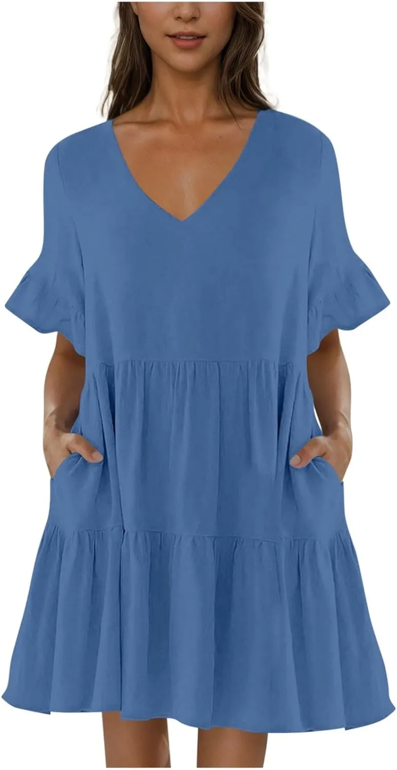 Dresses for Women Loose Fitted V Neck Short Ruffle Sleeve A Line Tiered Sundress Flowy Casual Trendy Mini Beach Dress