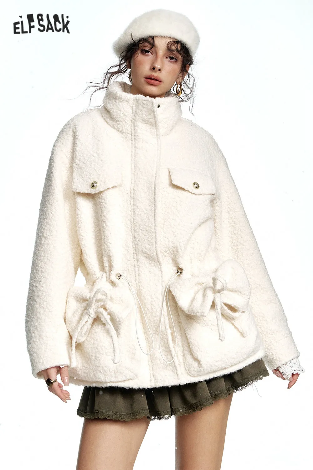 ELFSACK 2024 Winter New Arrivals White plush thick coat with stand collar and pockets