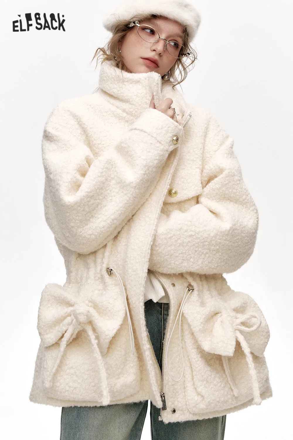 ELFSACK 2024 Winter New Arrivals White plush thick coat with stand collar and pockets