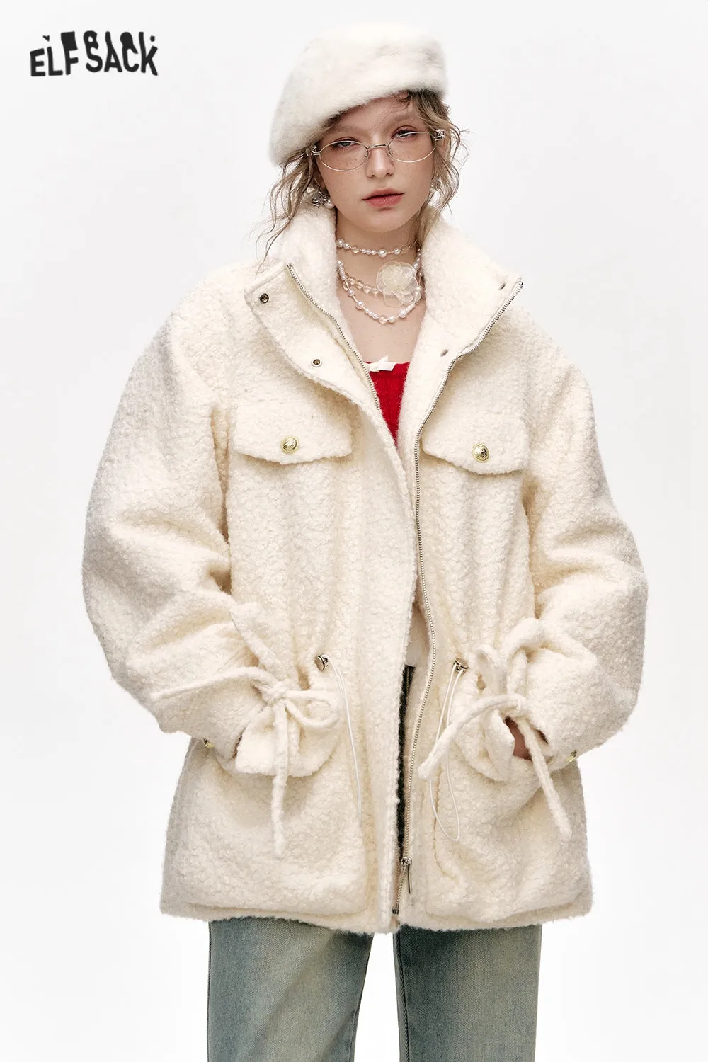 ELFSACK 2024 Winter New Arrivals White plush thick coat with stand collar and pockets