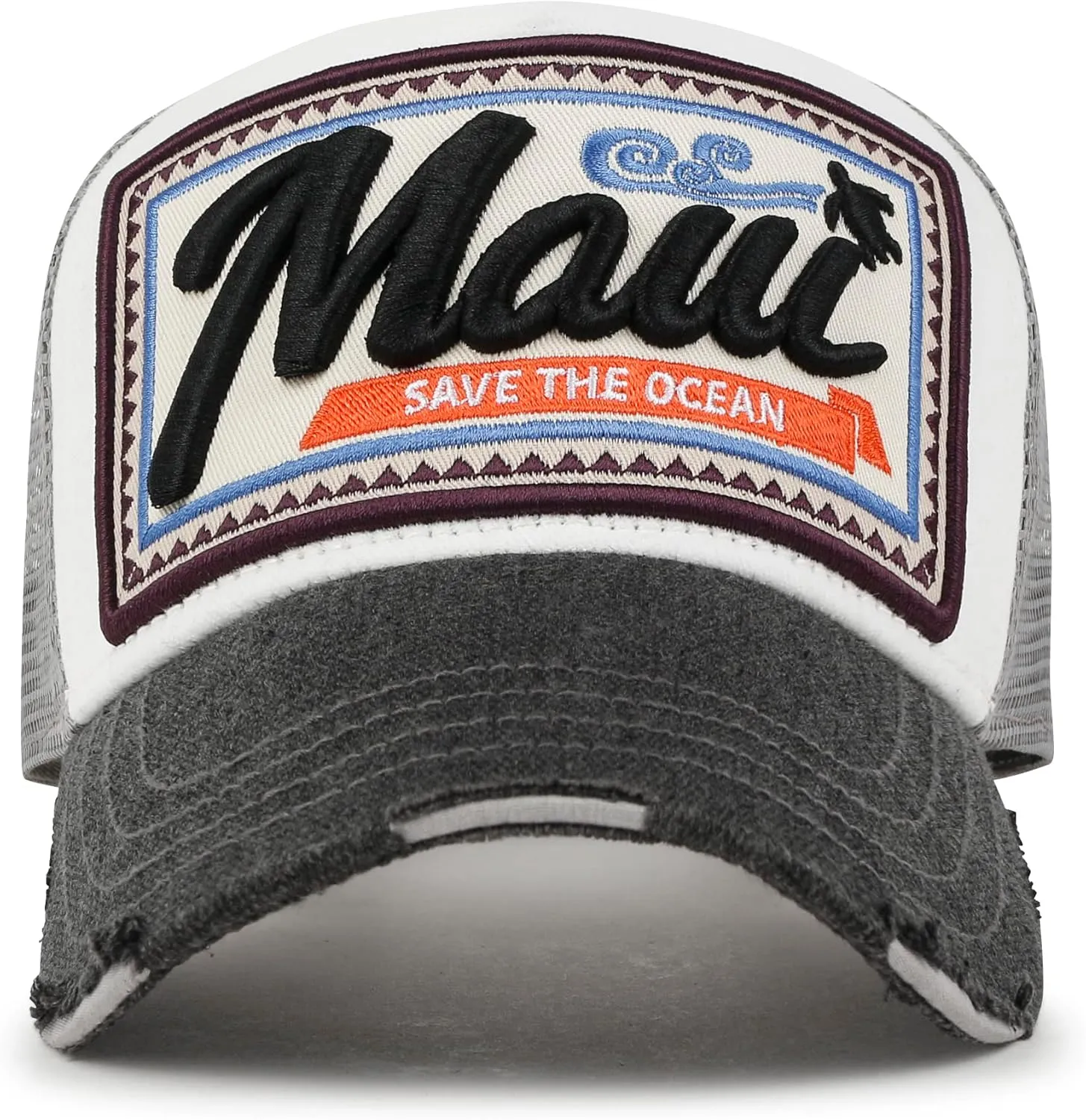 ililily Maui Embroidery Patch Casual Mesh Baseball Cap Distressed Trucker Hat