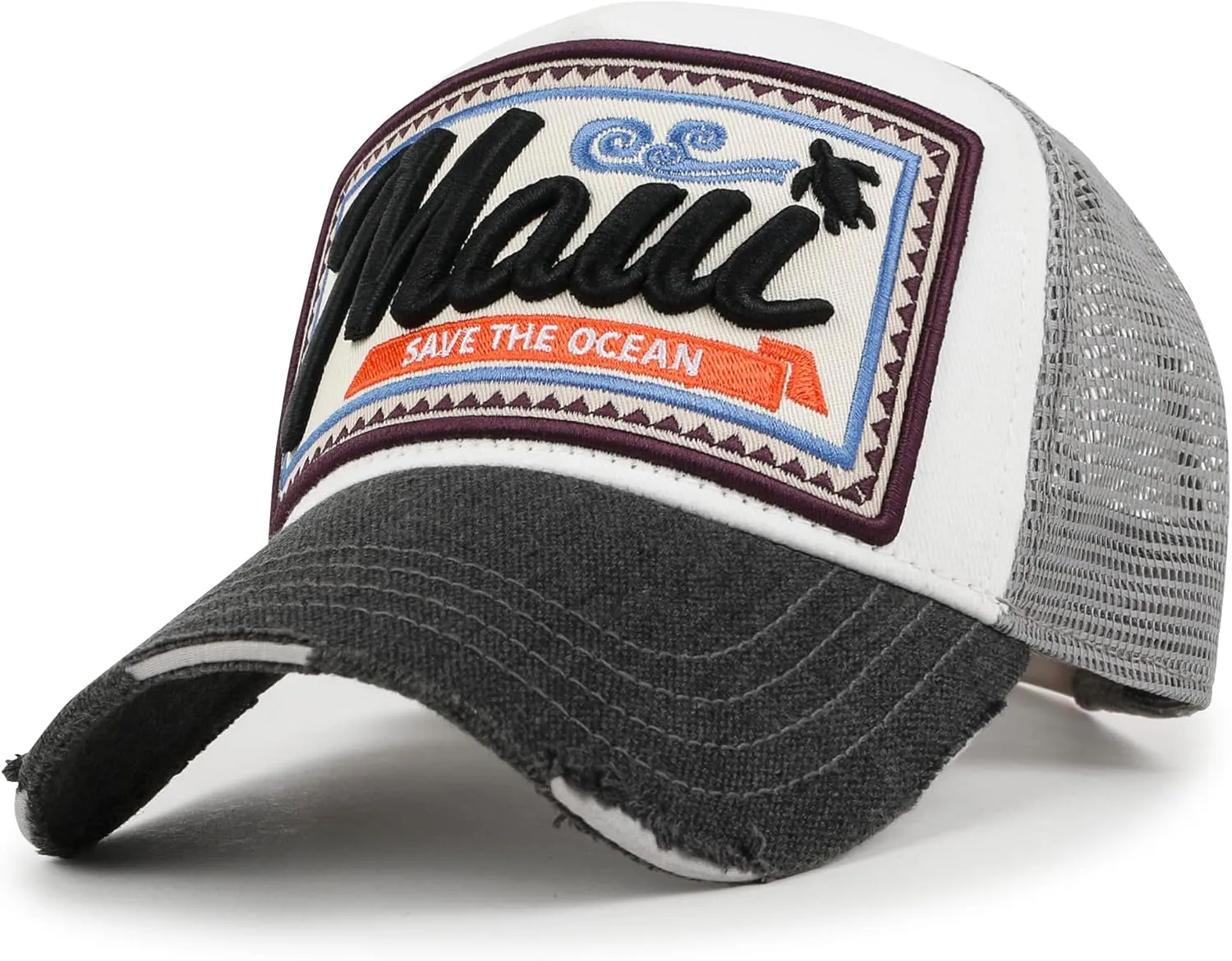 ililily Maui Embroidery Patch Casual Mesh Baseball Cap Distressed Trucker Hat