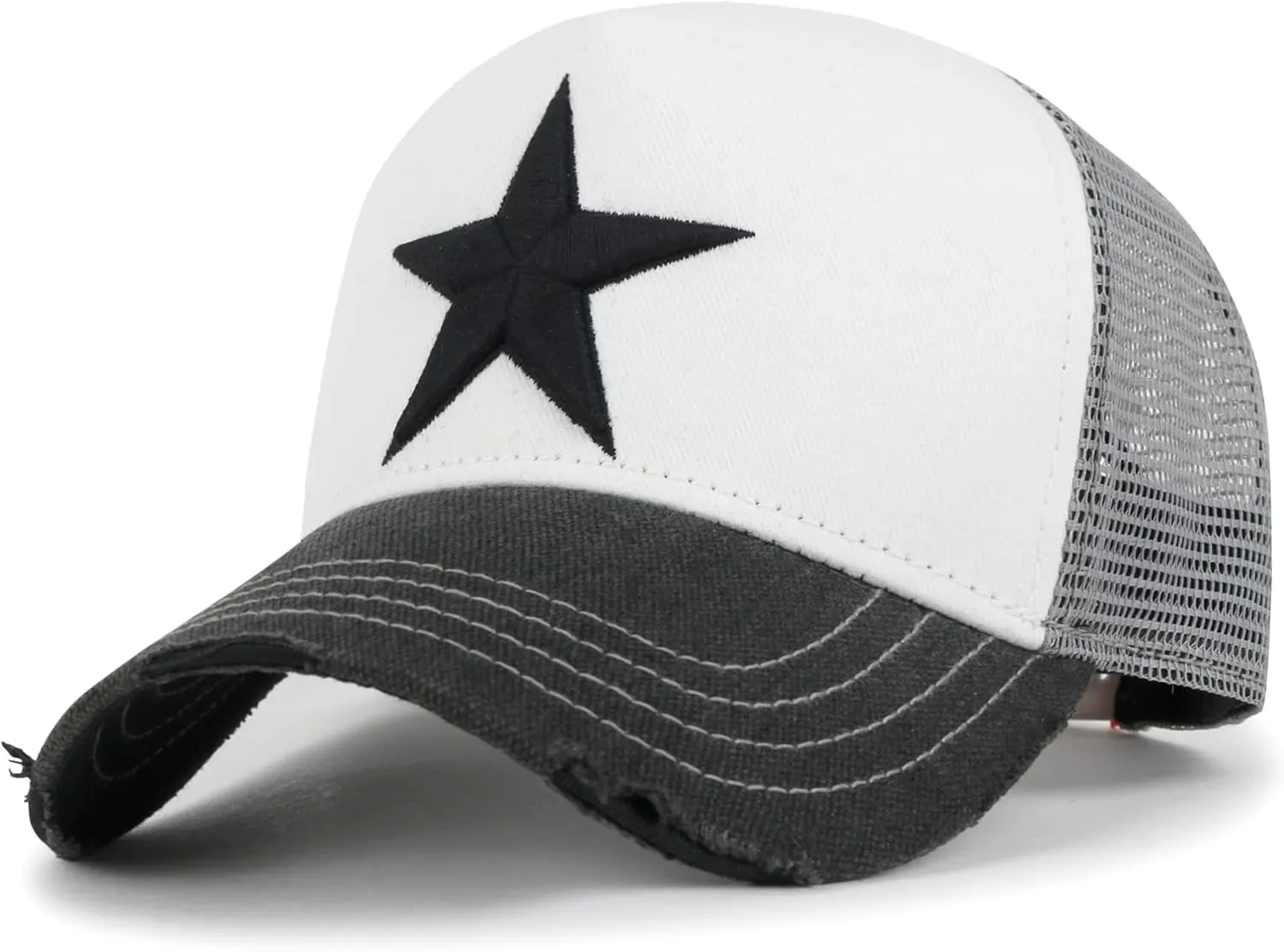 ililily Star Embroidery Black White Trucker Hat Cotton Baseball Cap