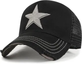 ililily Star Embroidery Black White Trucker Hat Cotton Baseball Cap