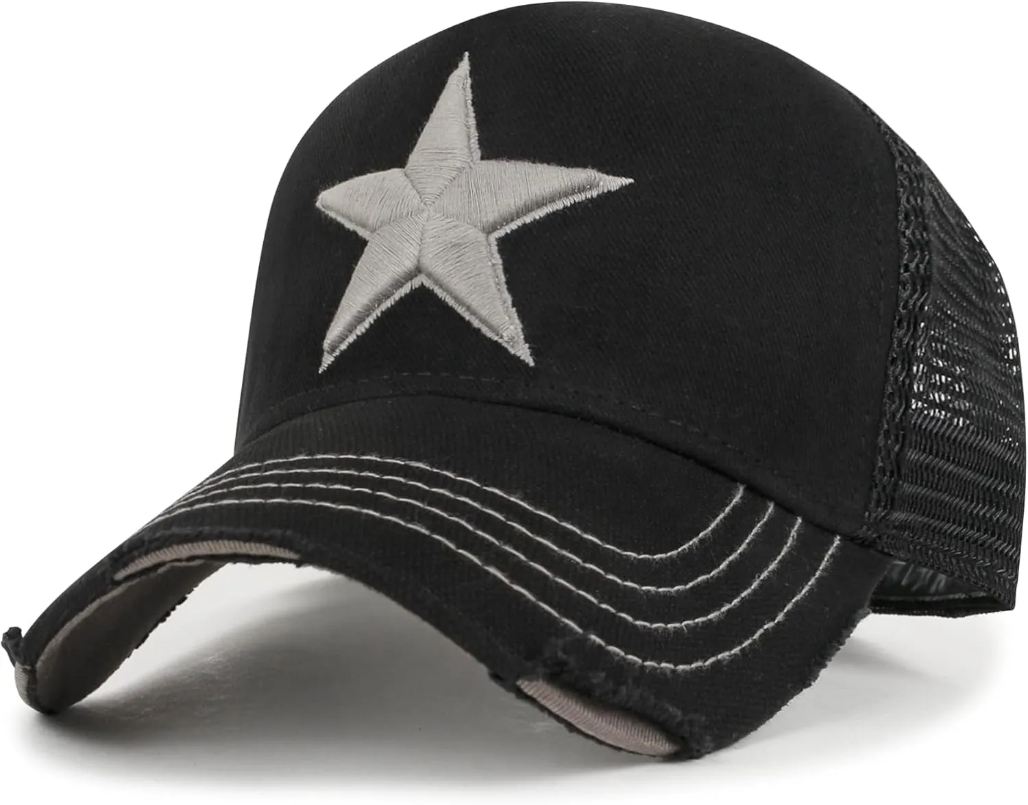ililily Star Embroidery Black White Trucker Hat Cotton Baseball Cap
