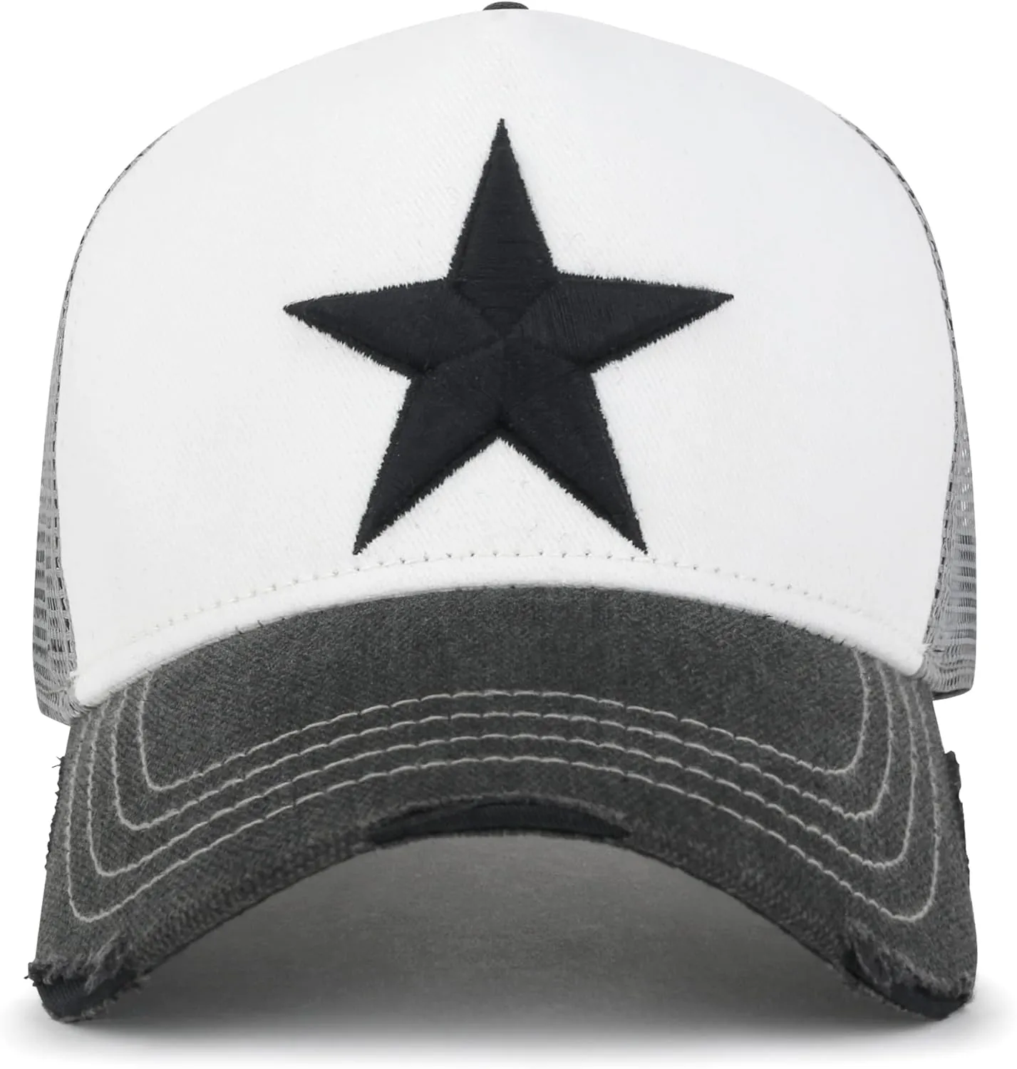 ililily Star Embroidery Black White Trucker Hat Cotton Baseball Cap