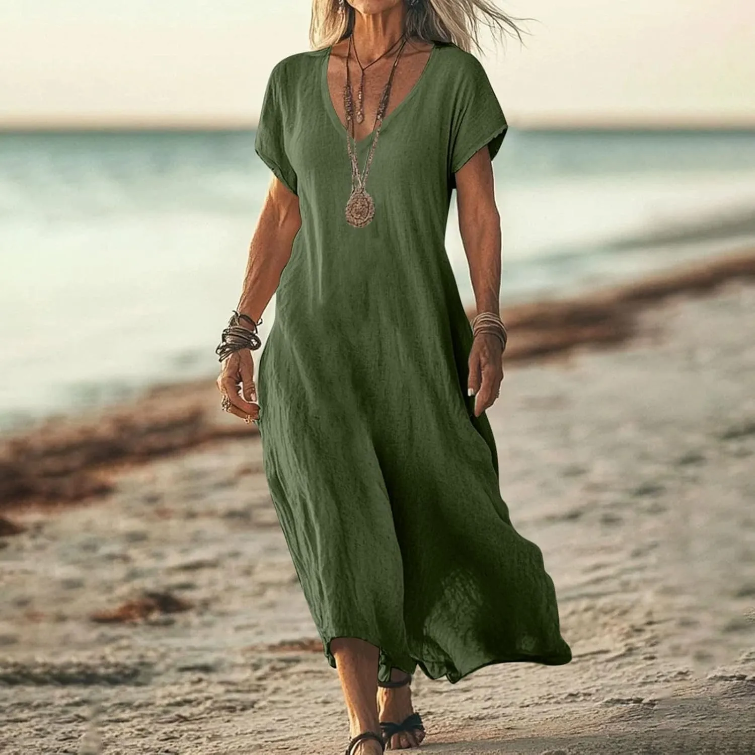 Linen Casual Dresses for Women Flowy V Neck Short Sleeve Solid Maxi Dress Lightweight Summer Beach Vacation Clothes
