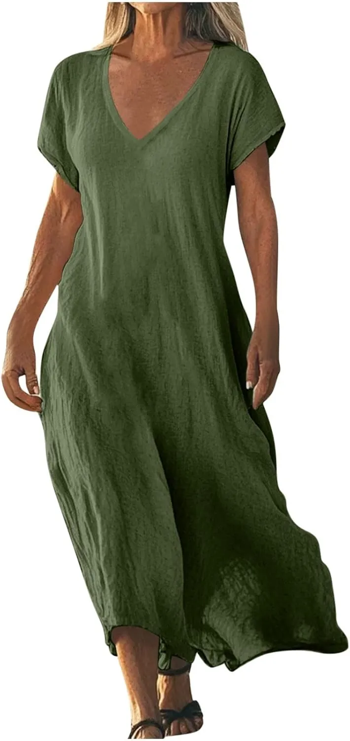 Linen Casual Dresses for Women Flowy V Neck Short Sleeve Solid Maxi Dress Lightweight Summer Beach Vacation Clothes