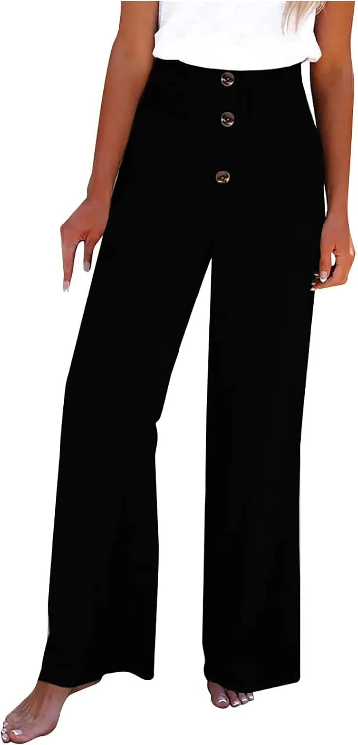 Linen Pants Women Summer Beach Casual Loose Wide Leg Pants for Women Elastic Waist Palazzo Pants Trousers with Pockets