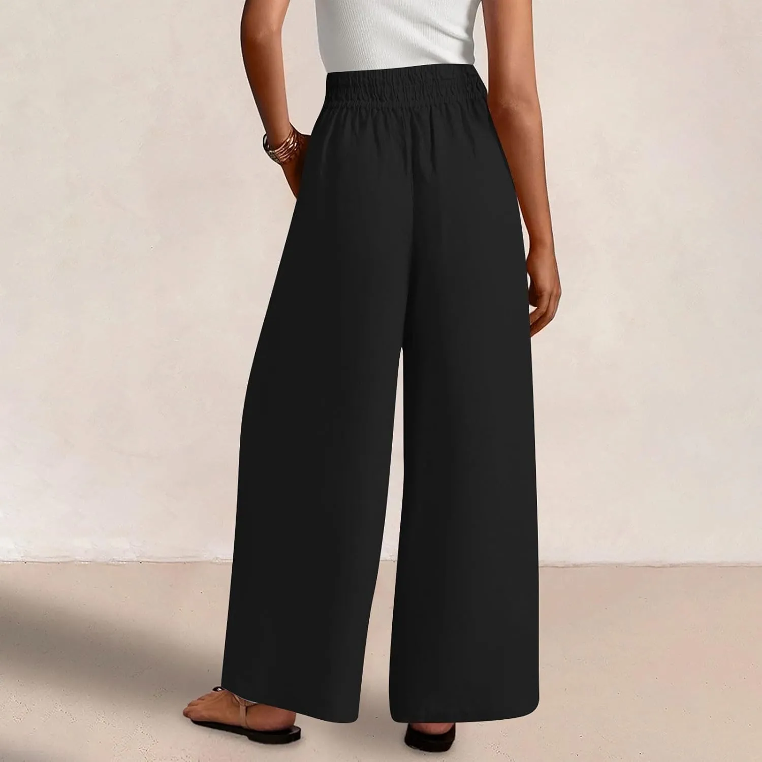 Linen Pants Women Summer Wide Leg Palazzo Pants Casual Elastic Waist Pants Vacation Flowy Linen Trousers with Pockets