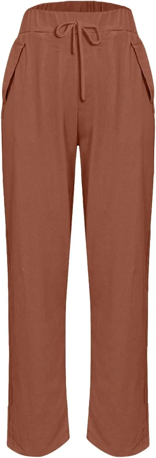 Linen Striped Pants Women Plus Size High Waisted Drawstring Trousers Button Side Straight Leg Cotton Casual Pants
