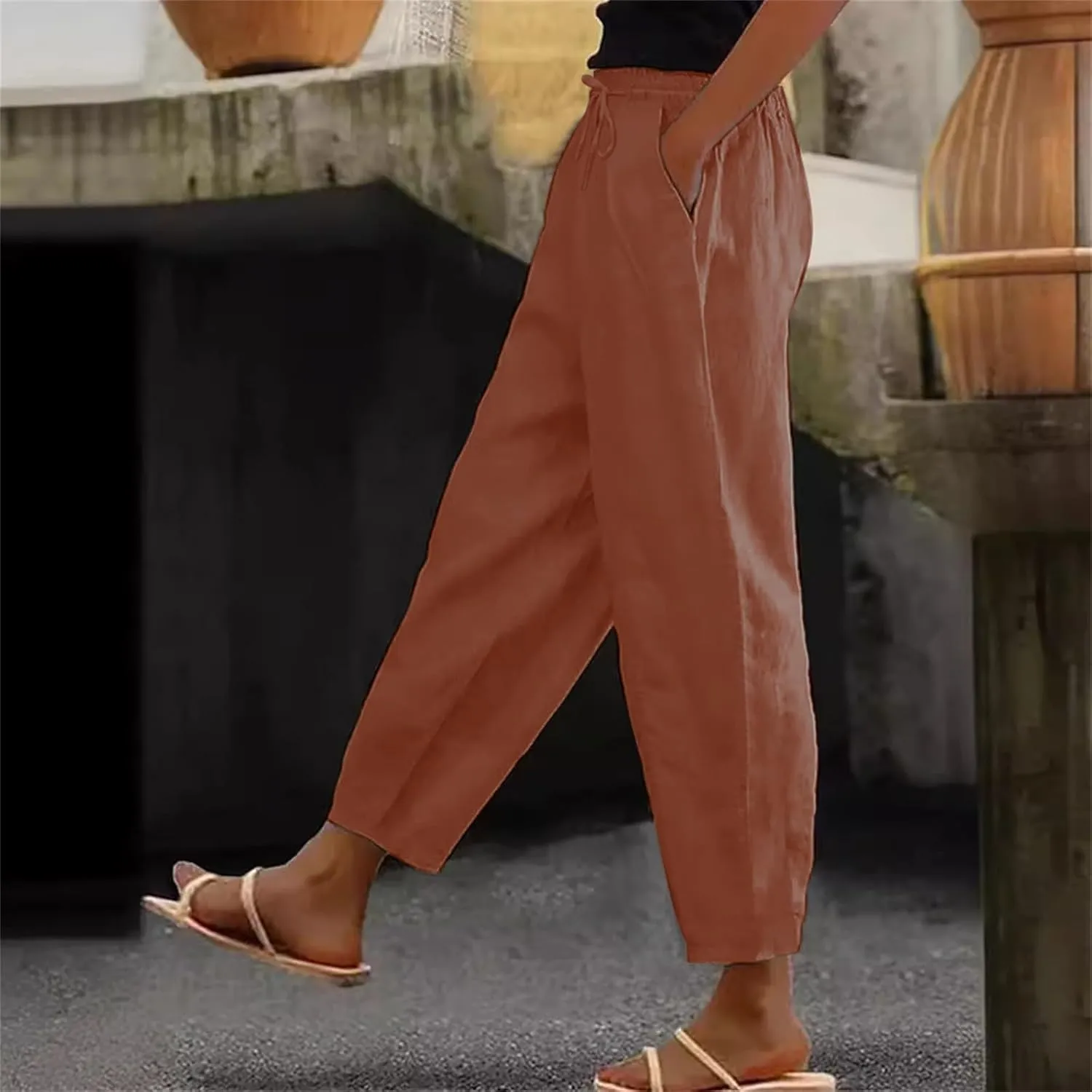 Linen Striped Pants Women Plus Size High Waisted Drawstring Trousers Button Side Straight Leg Cotton Casual Pants