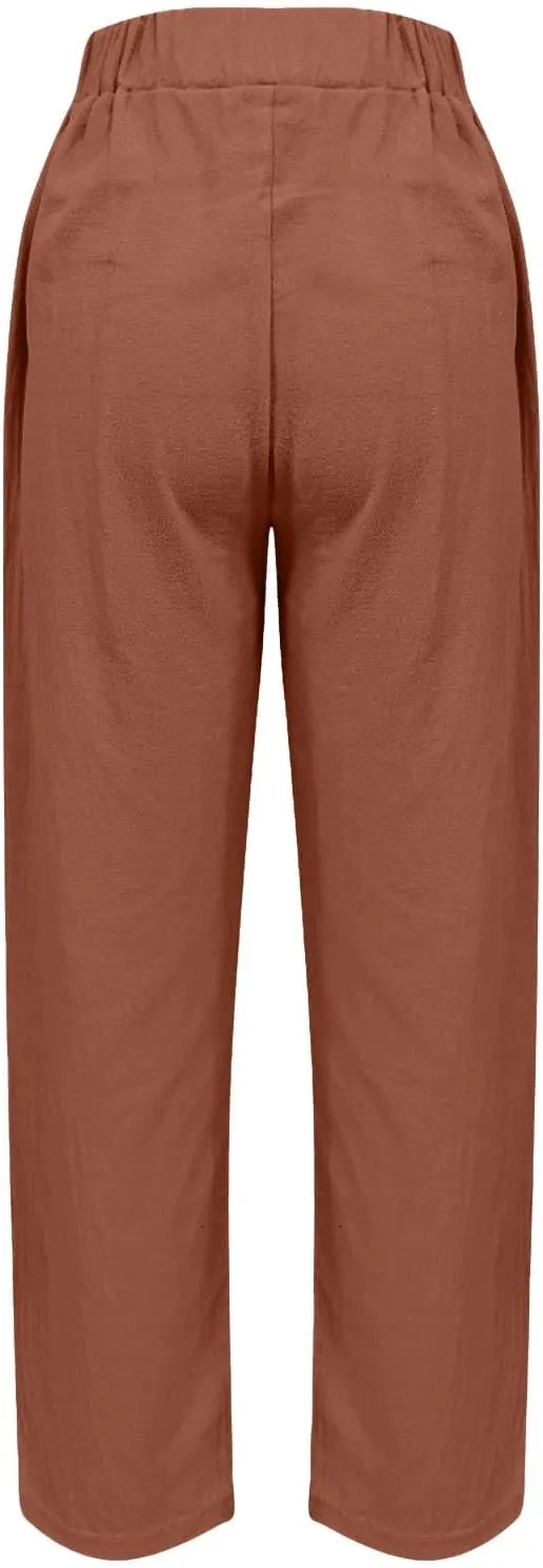 Linen Striped Pants Women Plus Size High Waisted Drawstring Trousers Button Side Straight Leg Cotton Casual Pants