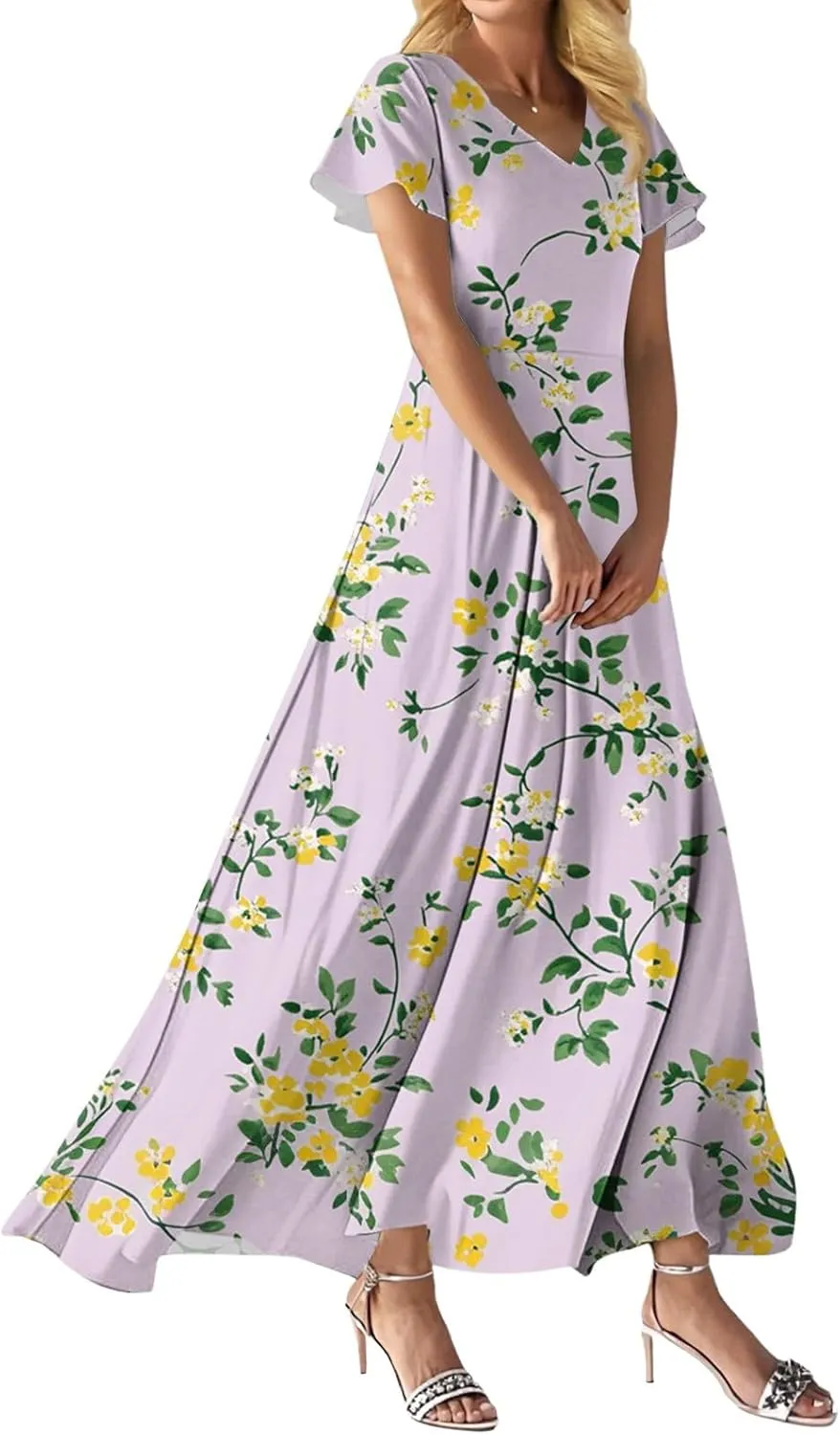 Maxi Dresses for Women 2025 Formal Wrap V Neck Chiffon Boho Flowy Swing Sundress Ruffle Short Sleeve Floral Dress