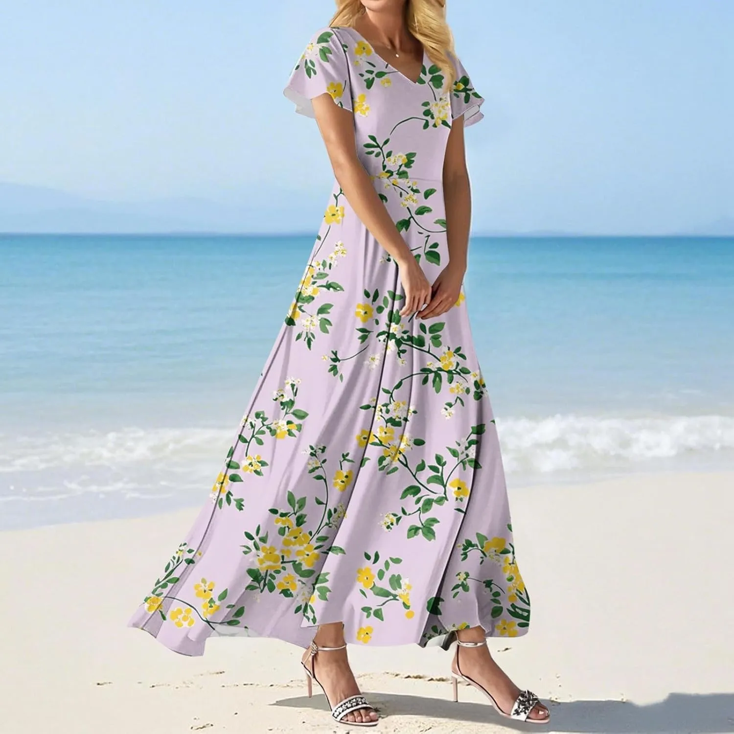 Maxi Dresses for Women 2025 Formal Wrap V Neck Chiffon Boho Flowy Swing Sundress Ruffle Short Sleeve Floral Dress