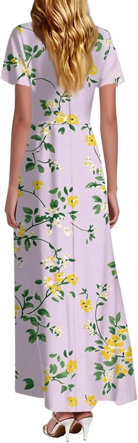Maxi Dresses for Women 2025 Formal Wrap V Neck Chiffon Boho Flowy Swing Sundress Ruffle Short Sleeve Floral Dress