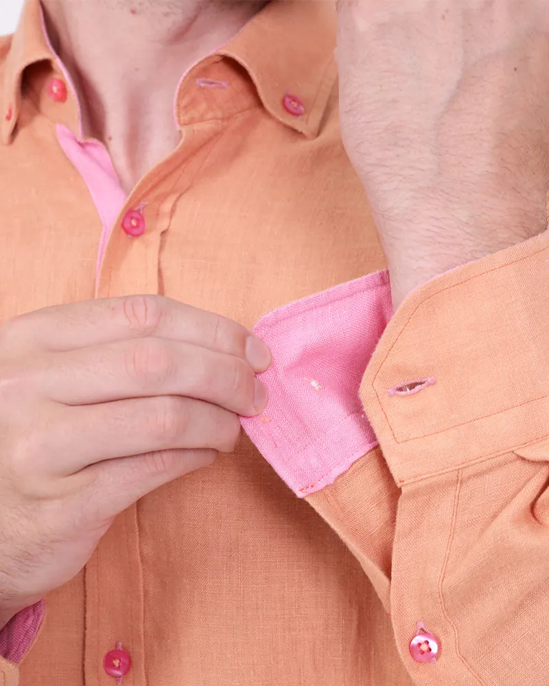 Orange Plain Linen Short Sleeve Shirt