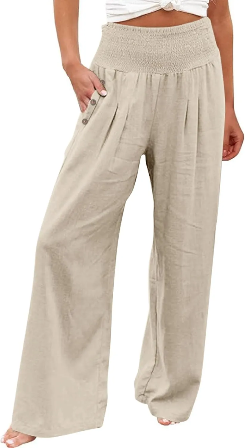 Palazzo Pants for Women Cotton Linen Wide Leg Lounge Pants Plus Size Elastic High Waisted Work Pants with Pockets