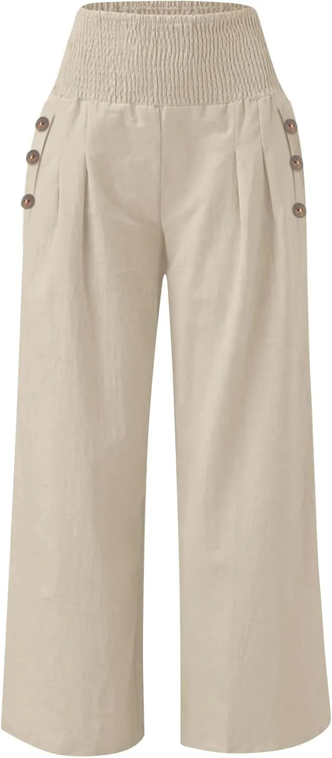 Palazzo Pants for Women Cotton Linen Wide Leg Lounge Pants Plus Size Elastic High Waisted Work Pants with Pockets
