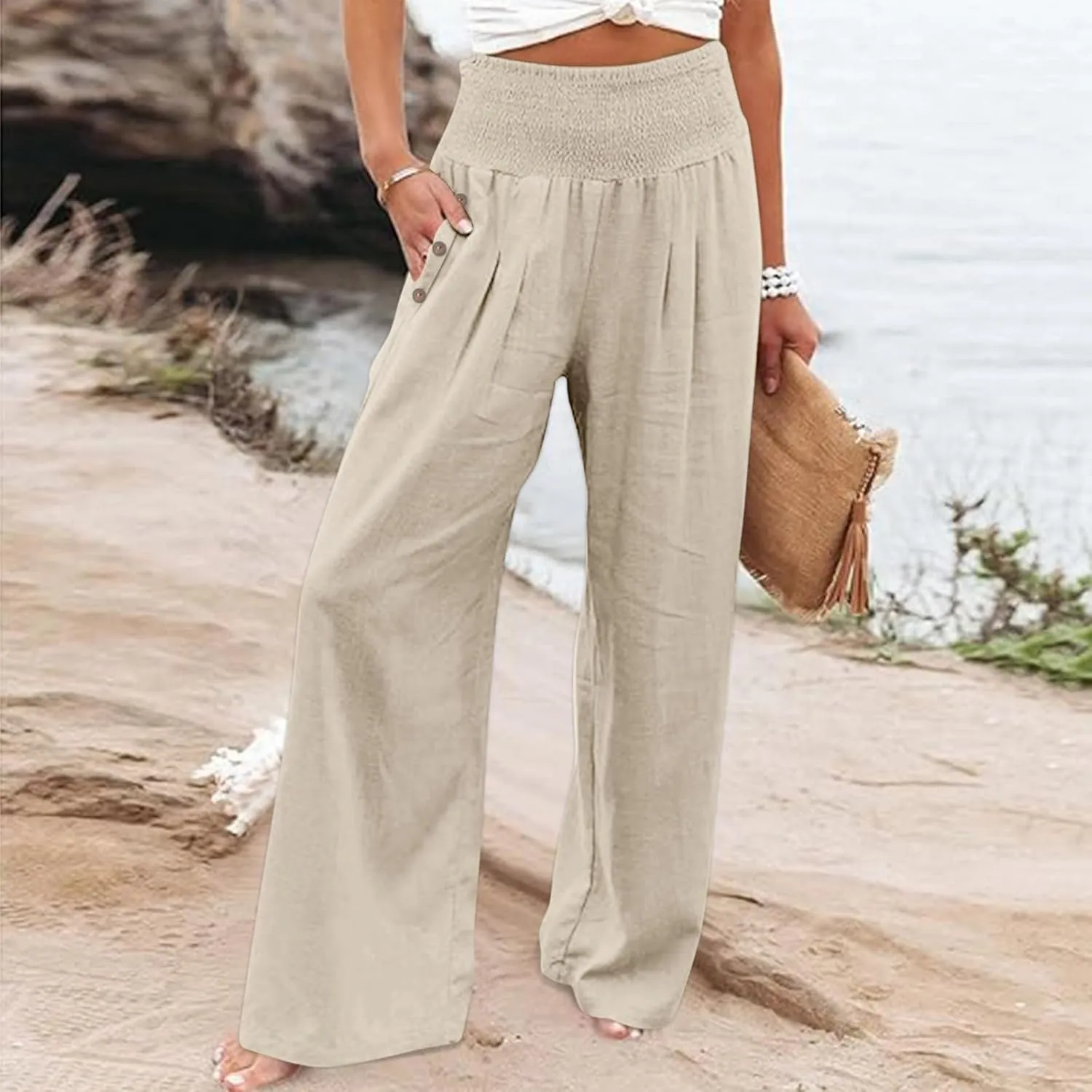 Palazzo Pants for Women Cotton Linen Wide Leg Lounge Pants Plus Size Elastic High Waisted Work Pants with Pockets