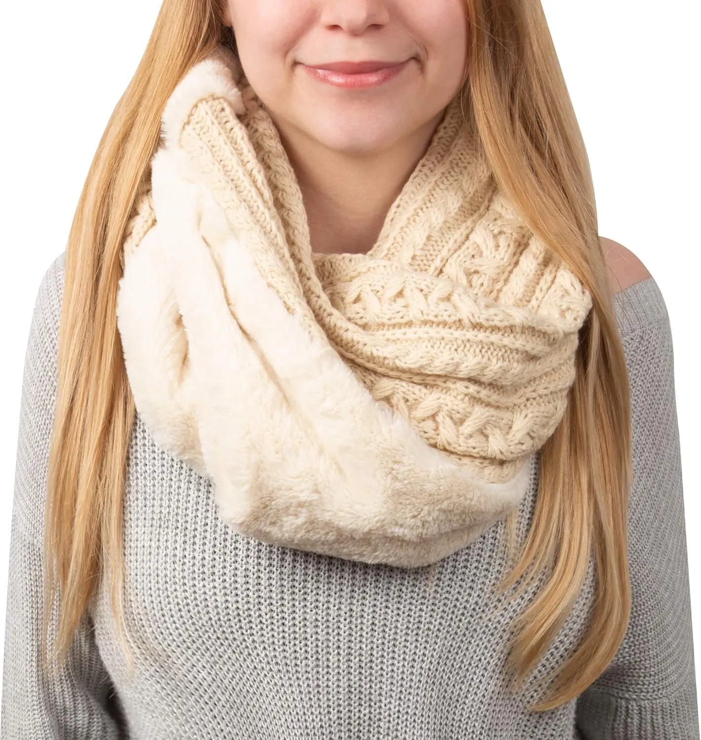 Pavilion Gift Company Winter Cream-Cable Knit & Faux Fur Infinity Scarf, White, One Size