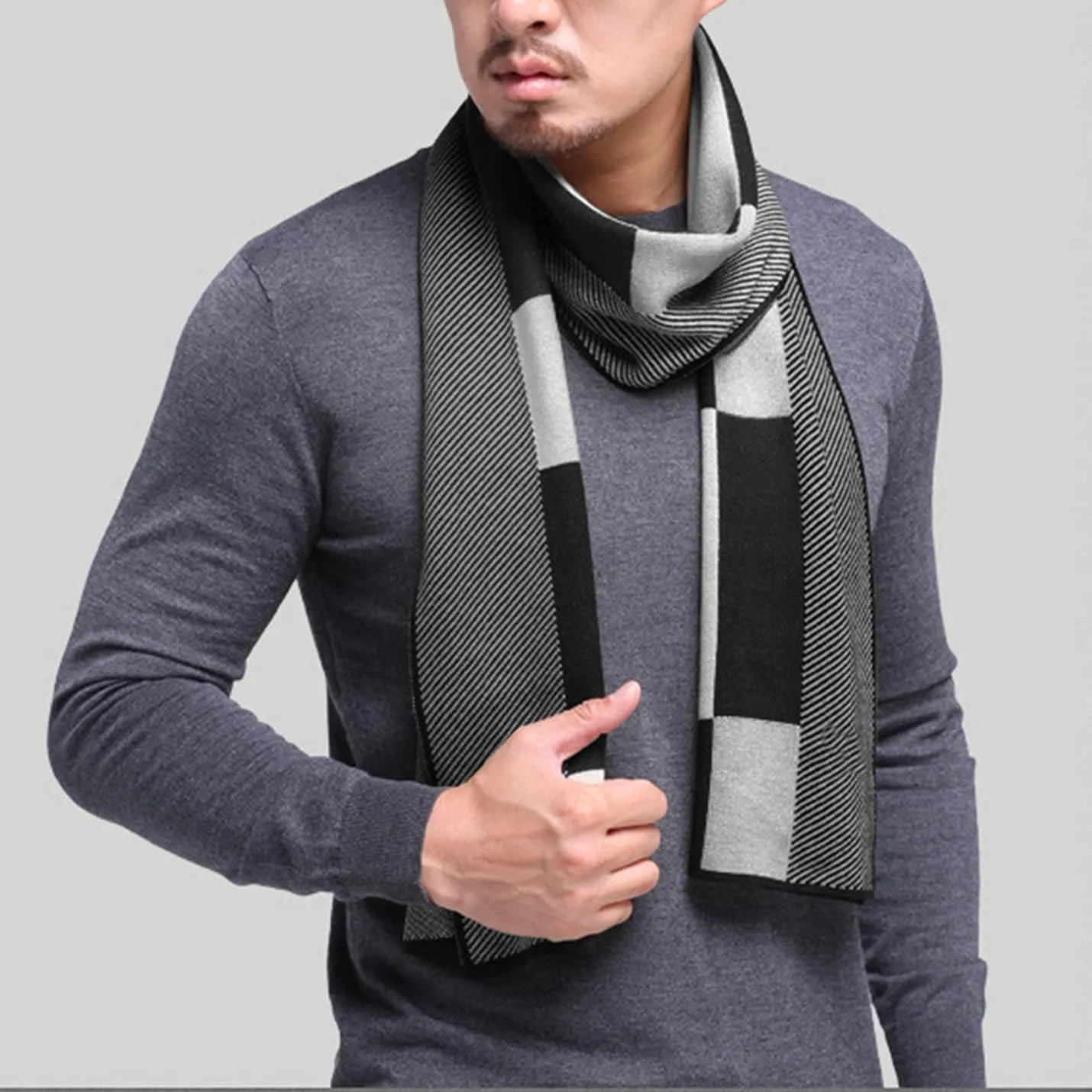 PEHMEA Men's Cashmere-like Winter Scarves Color Block Plaid Tartan Shawls Long Knit Wraps