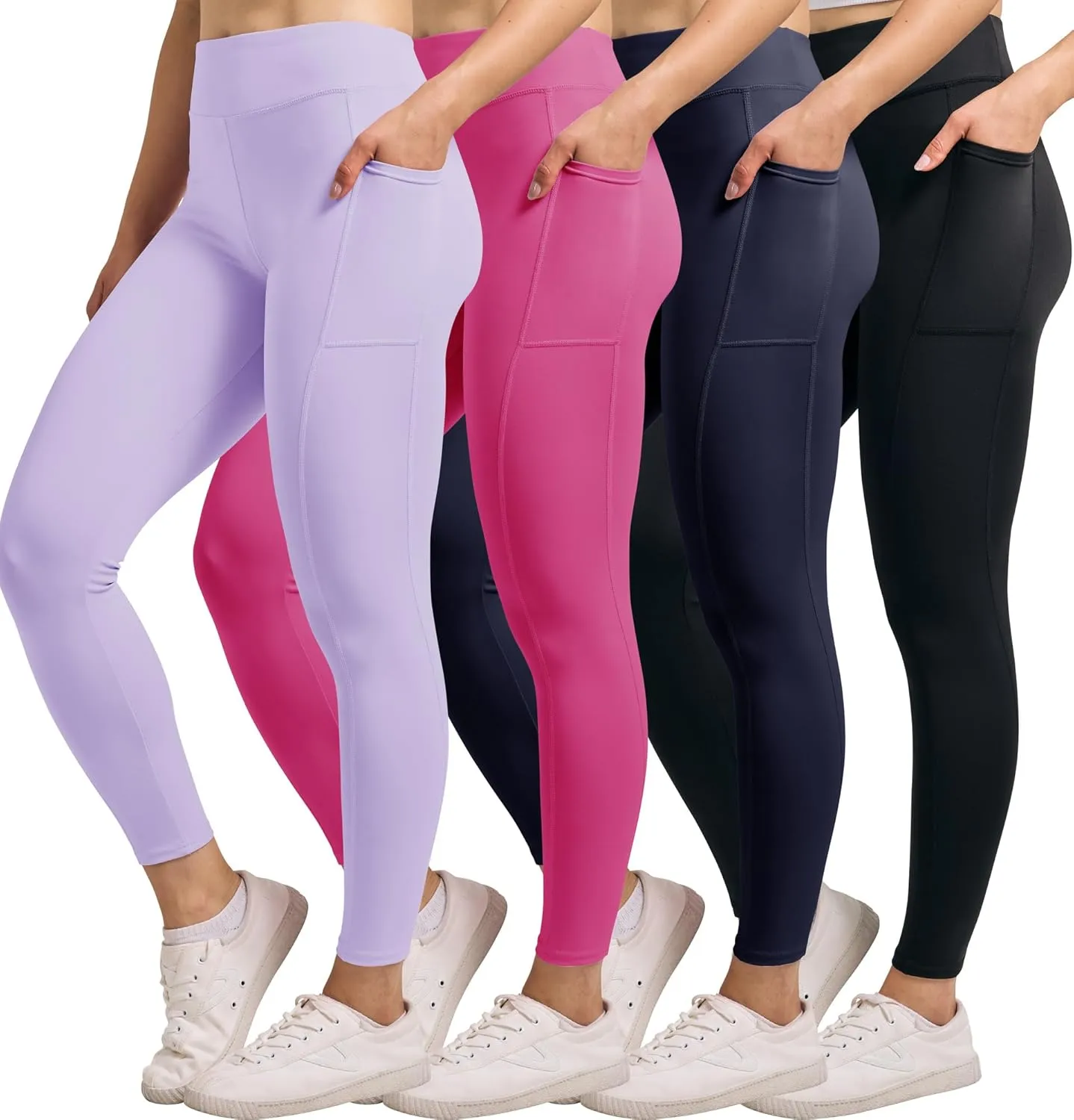 Real Essentials 4-Pack: Women's Full Length Fitted Athletic Yoga Performance Leggings with Pockets (Available in Plus Size)
