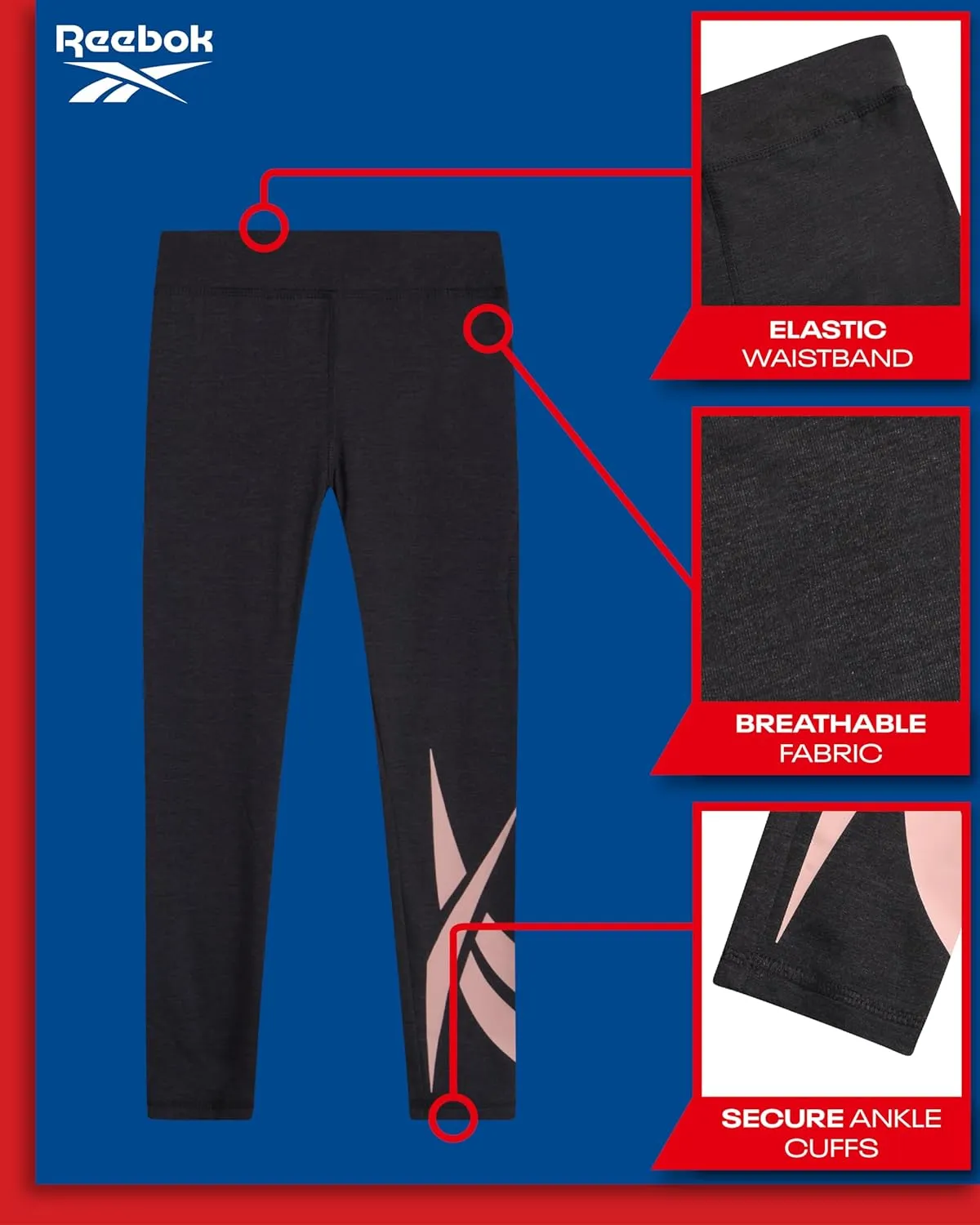 Reebok Girls Leggings - Athletic Performance Cotton Leggings - Stretchy Yoga Pants for Girls Dance Tights (Sizes: 7-12)