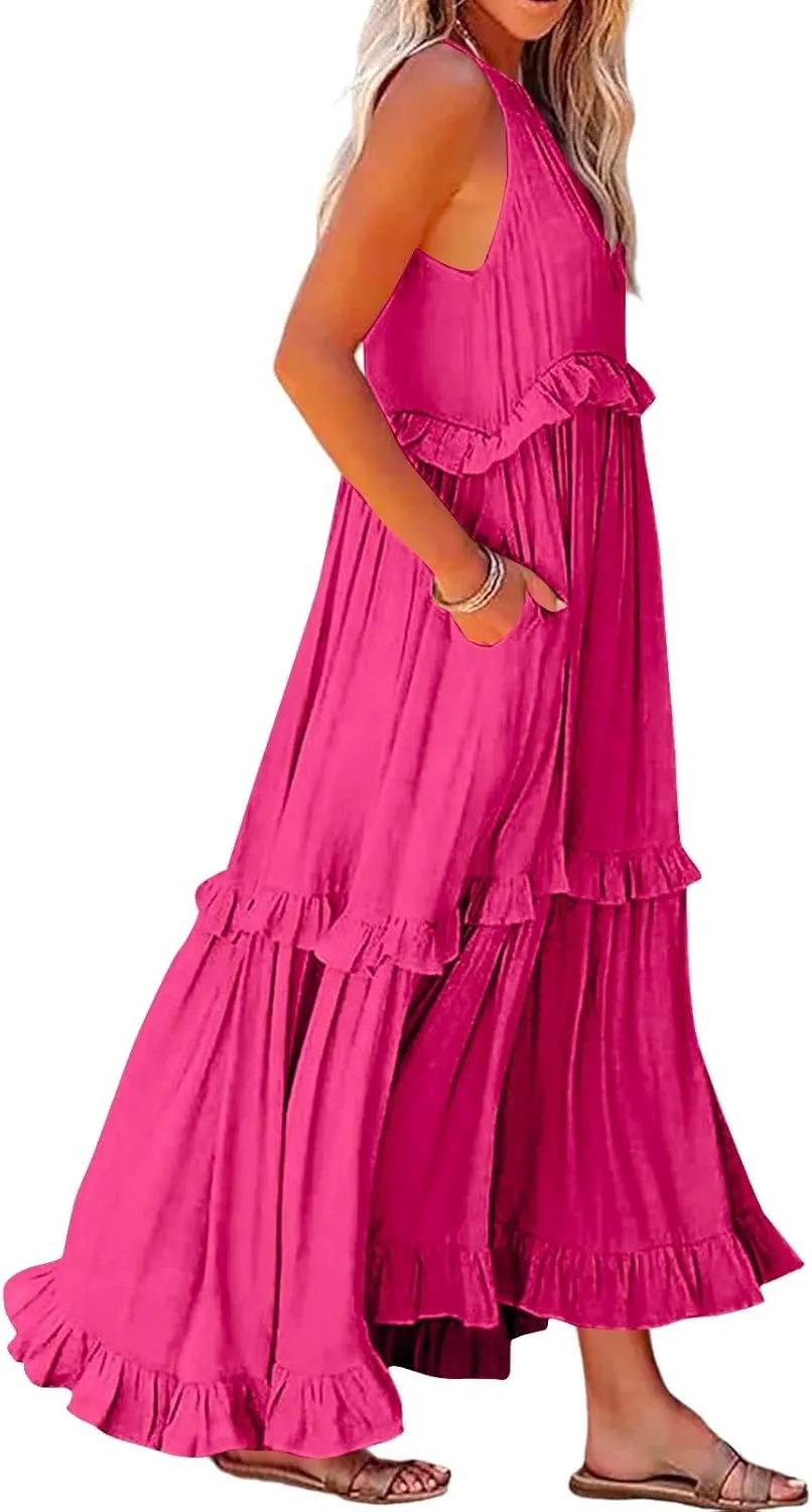 Summer Beach Vacation Clothes Spring Dresses for Women 2025 Sleeveless Sexy Smocked Tiered Flowy Maxi Dress
