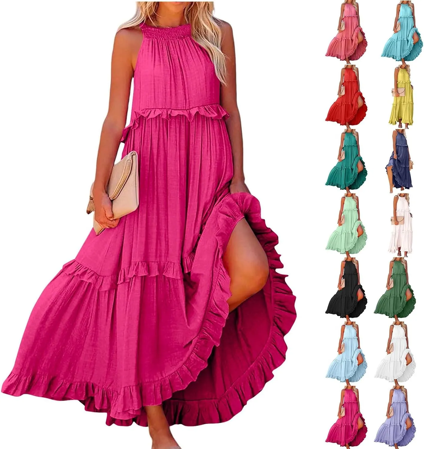 Summer Beach Vacation Clothes Spring Dresses for Women 2025 Sleeveless Sexy Smocked Tiered Flowy Maxi Dress