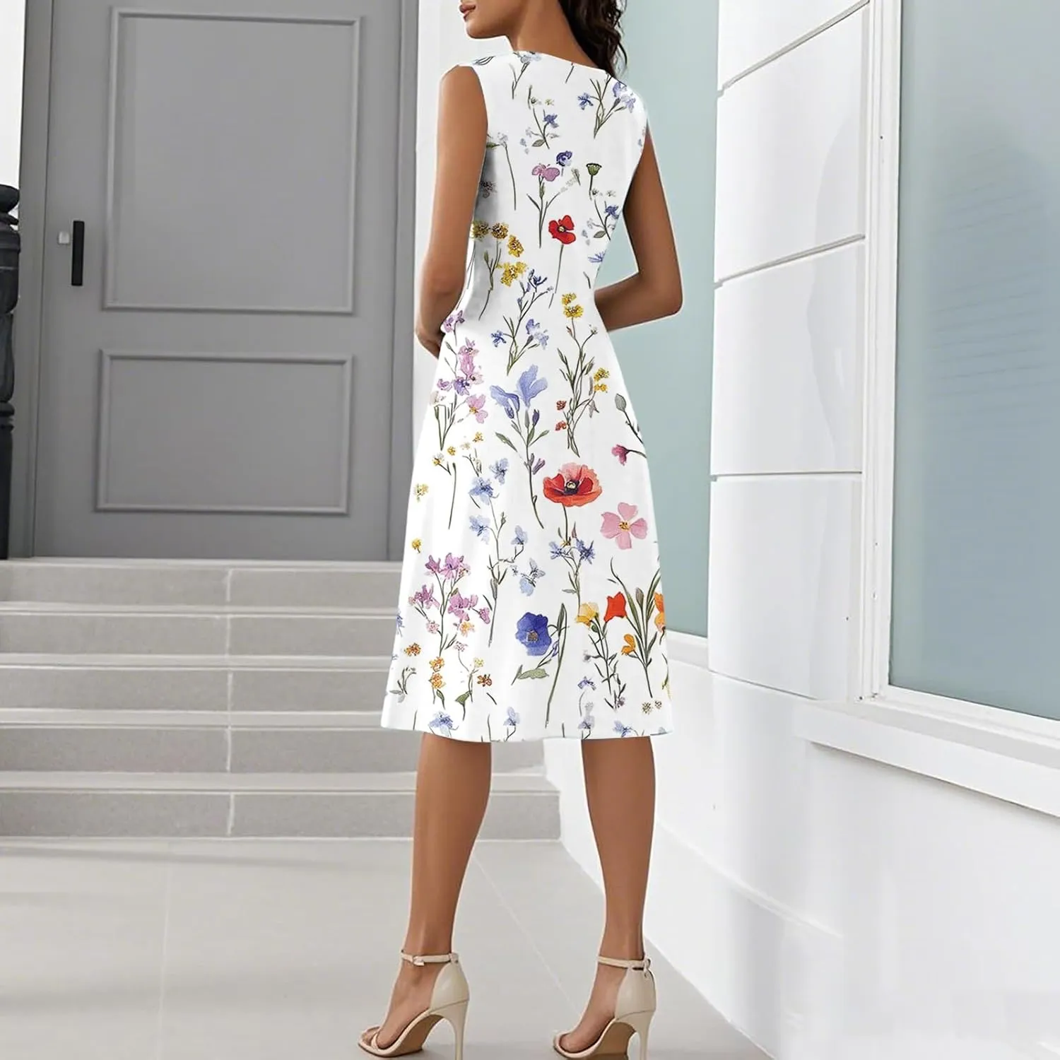 Summer Dresses for Women 2025 Casual V Neck Sleeveless Midi Dress Flowy Irregular Hem Boho Tank Dress