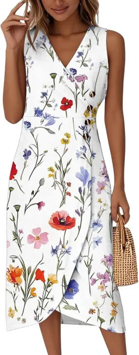 Summer Dresses for Women 2025 Casual V Neck Sleeveless Midi Dress Flowy Irregular Hem Boho Tank Dress
