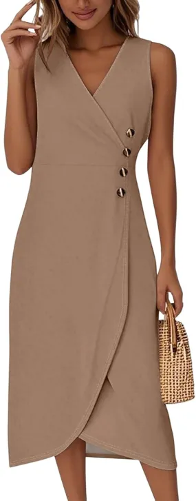 Summer Dresses for Women 2025 Casual V Neck Sleeveless Midi Dress Flowy Irregular Hem Boho Tank Dress