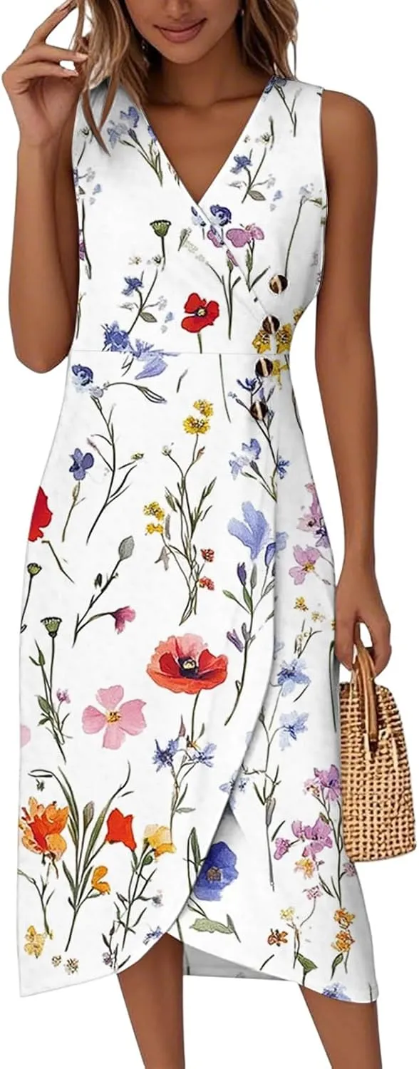 Summer Dresses for Women 2025 Casual V Neck Sleeveless Midi Dress Flowy Irregular Hem Boho Tank Dress