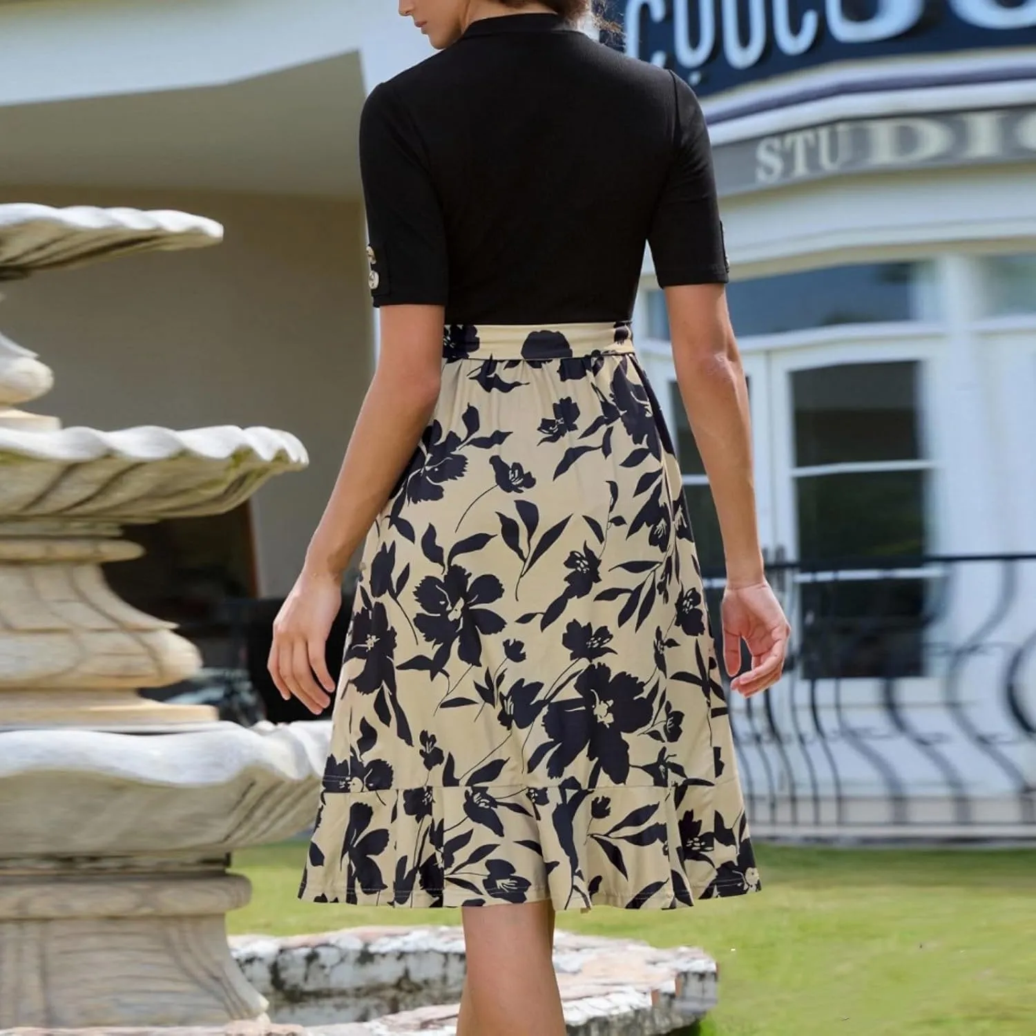 Summer Dresses for Women 2025 Crewneck Short Sleeve Floral Formal Dress Casual Midi Wedding Guest Dress with Belt