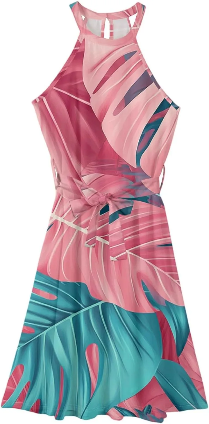 Summer Midi Halter Floral Dresses for Women 2025 Vacation Tie Empire Waist Sleeveless Frocks Flowy A Line Sundress