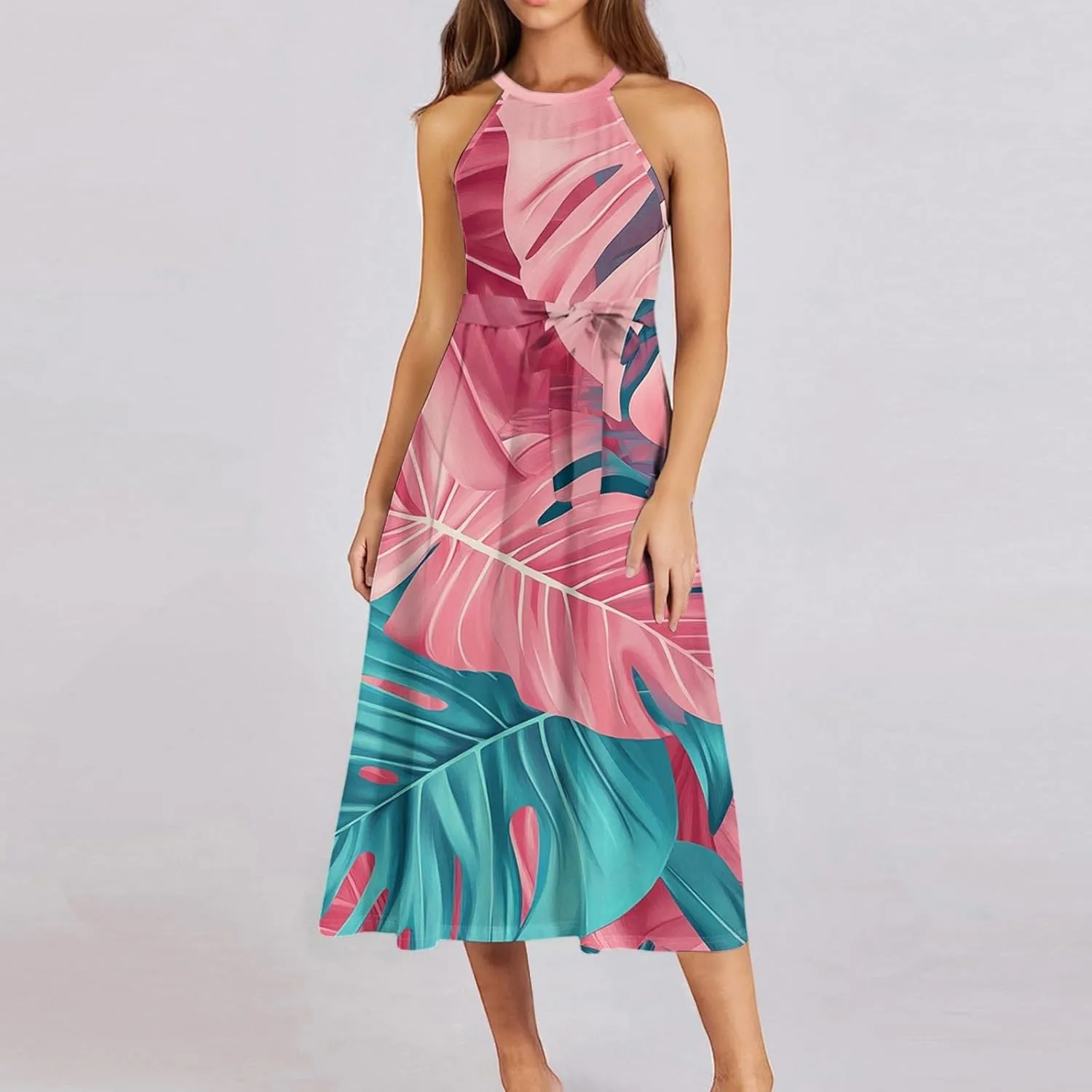 Summer Midi Halter Floral Dresses for Women 2025 Vacation Tie Empire Waist Sleeveless Frocks Flowy A Line Sundress