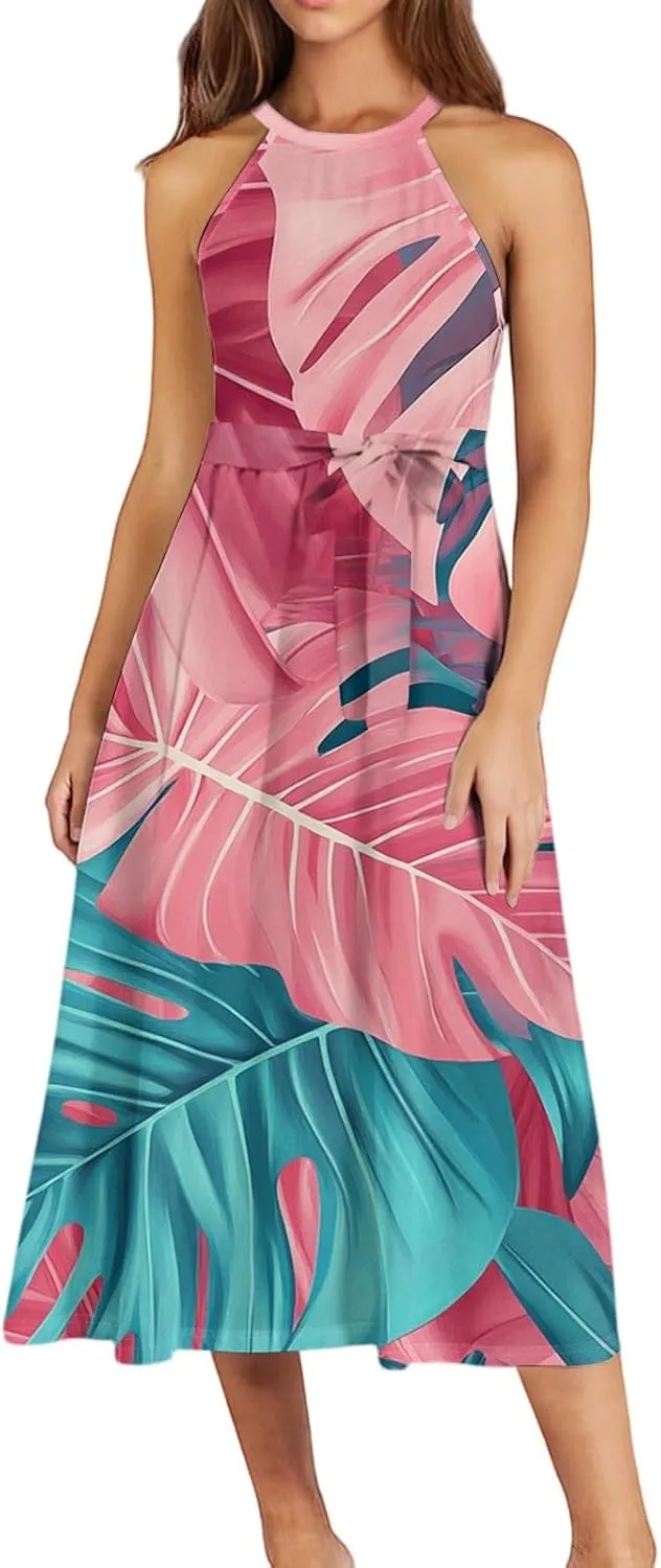 Summer Midi Halter Floral Dresses for Women 2025 Vacation Tie Empire Waist Sleeveless Frocks Flowy A Line Sundress
