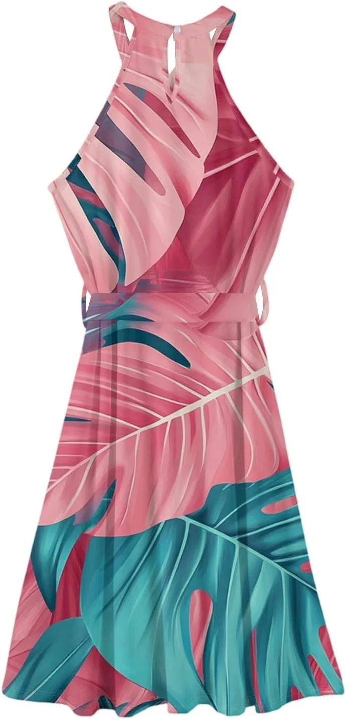 Summer Midi Halter Floral Dresses for Women 2025 Vacation Tie Empire Waist Sleeveless Frocks Flowy A Line Sundress