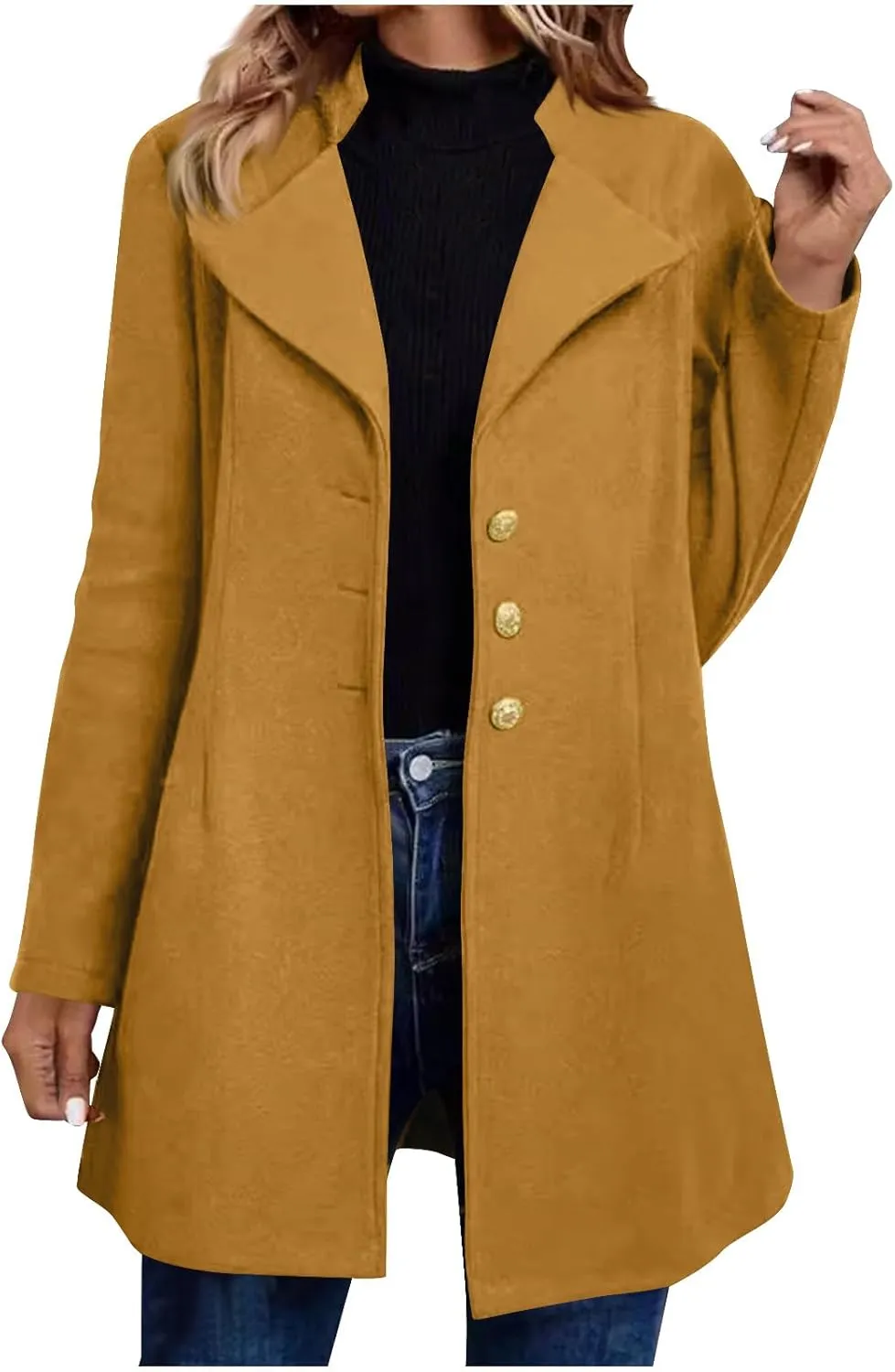 Trench Coat Women Fall Winter Notched Lapel Blazers Plus Size Soild Wool Blend Overcoats Single-Breasted Pea Coat
