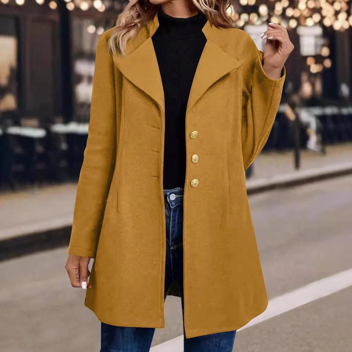 Trench Coat Women Fall Winter Notched Lapel Blazers Plus Size Soild Wool Blend Overcoats Single-Breasted Pea Coat